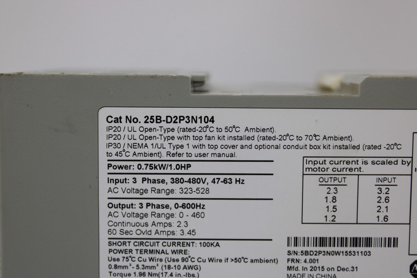 used Allen Bradley 25B-D2P3N104 PowerFlex 525 - ALLEN BRADLEY