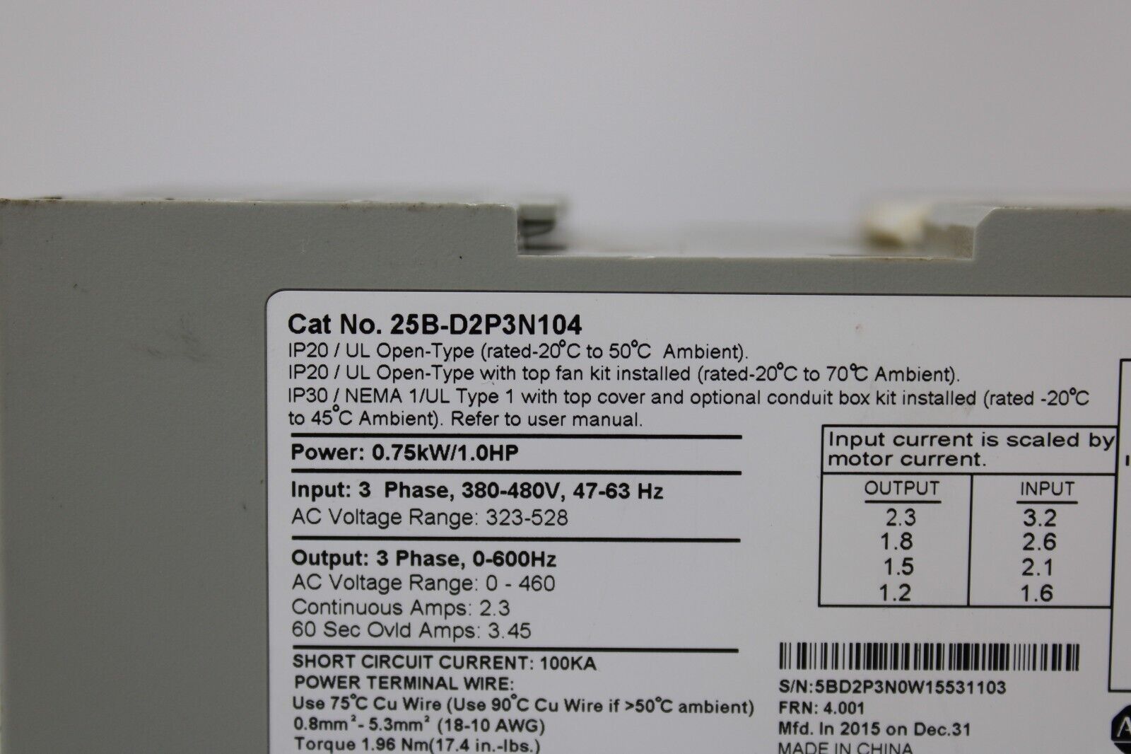 used Allen Bradley 25B-D2P3N104 PowerFlex 525 - ALLEN BRADLEY