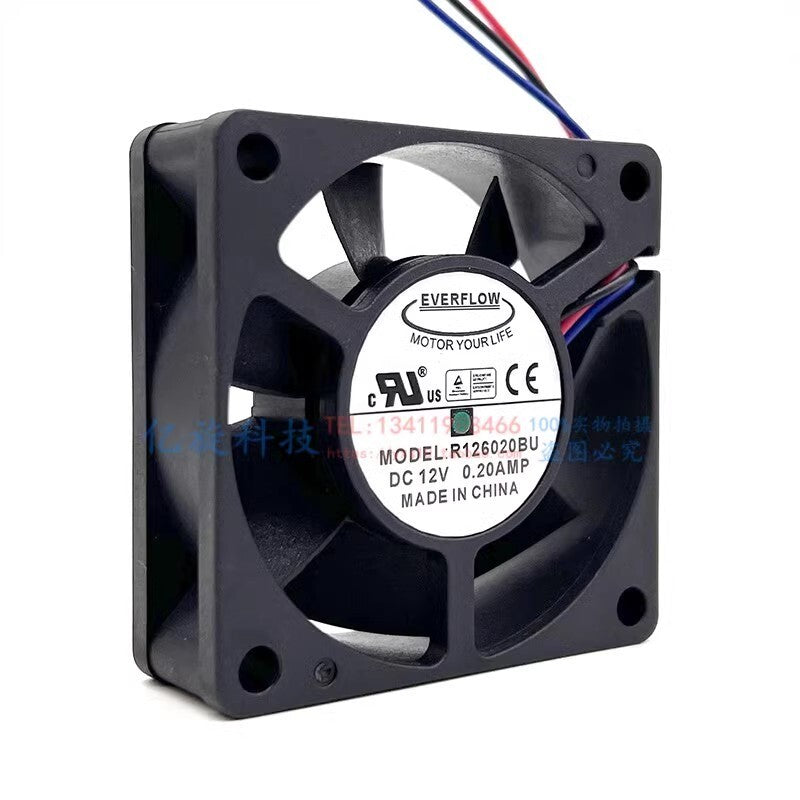 EVERFLOW R126020BU 6020 DC12V 0.20A 6CM 3-Wire Silent Cooling Fan