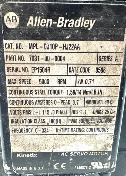 used Allen Bradley MPL-D310P-HJ22AA Servo Motor AL-020-005-12-D130-N-P-XXX - ALLEN BRADLEY