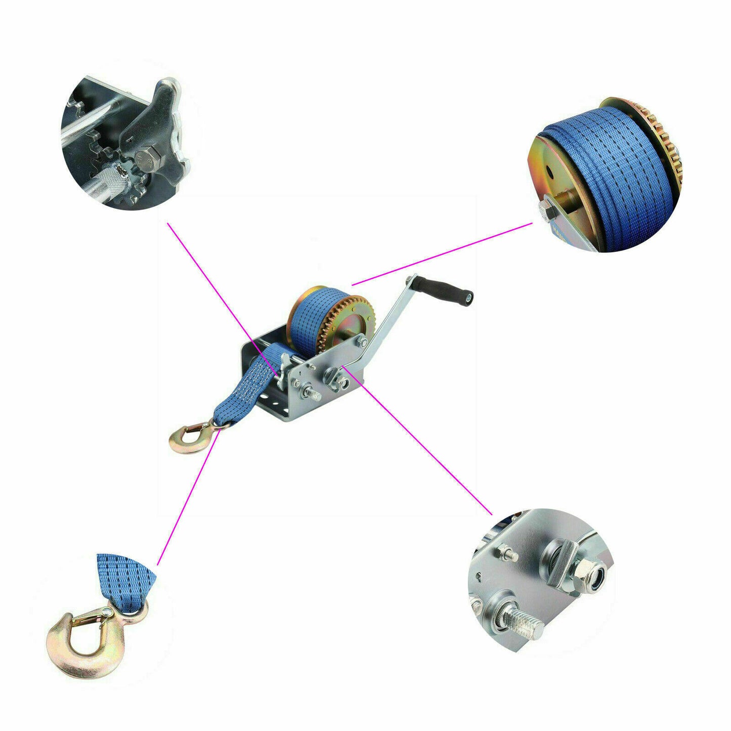 3200lbs Hand Winch polyester strap for Boat ATV Trailer RV Blue - YETI