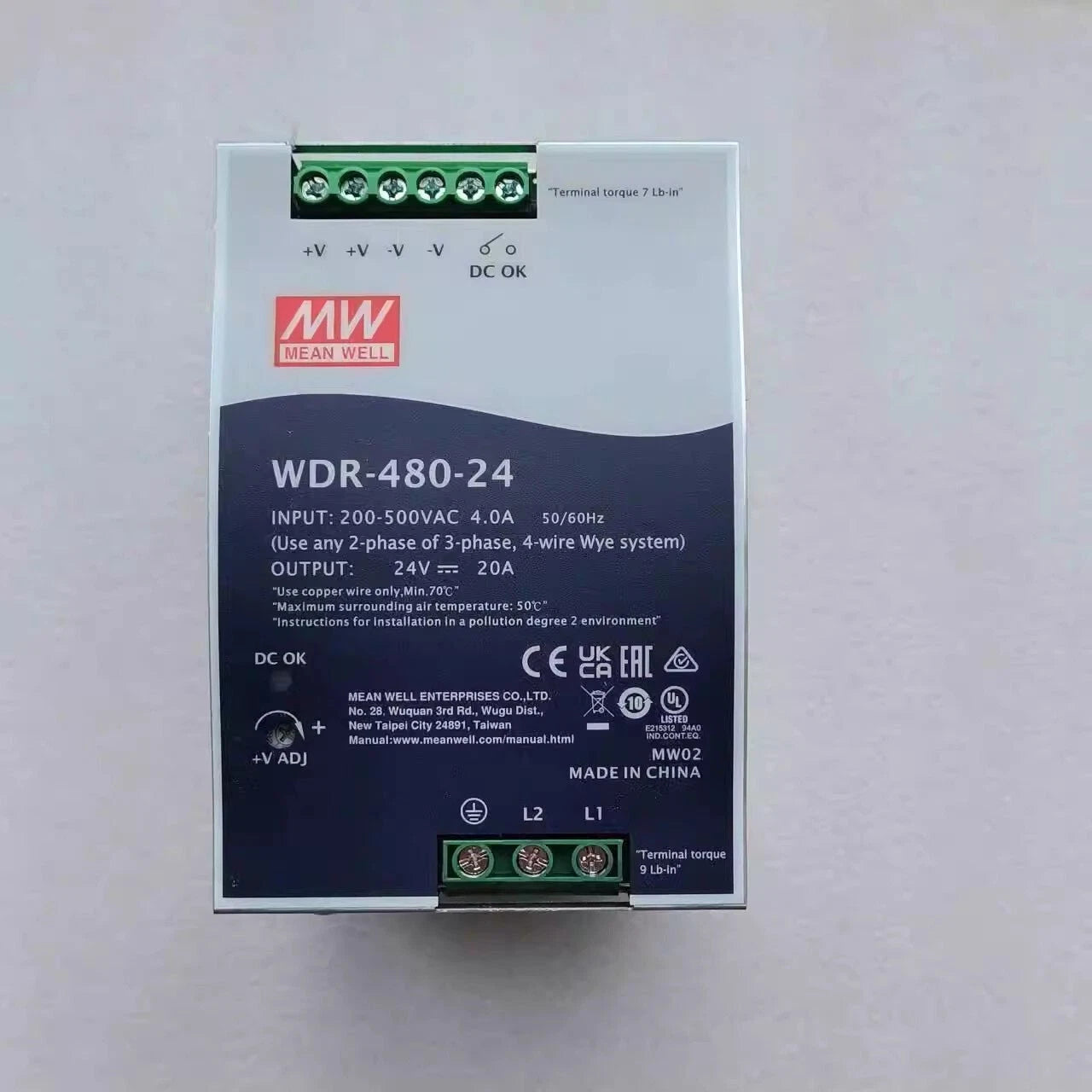 MEAN WELL WDR-480-24 24V 20A 480W Single Output Rail Type Power Supply