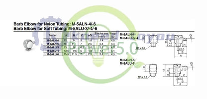 SMC M-5ALU-4 Barb Elbow connector Fitting for Soft Tubing 1PCS