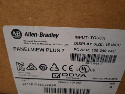 New Unopened 2711P-T15C22A9P PanelView Plus 7 Graphic Terminal - AB PANELVIEW PLUS