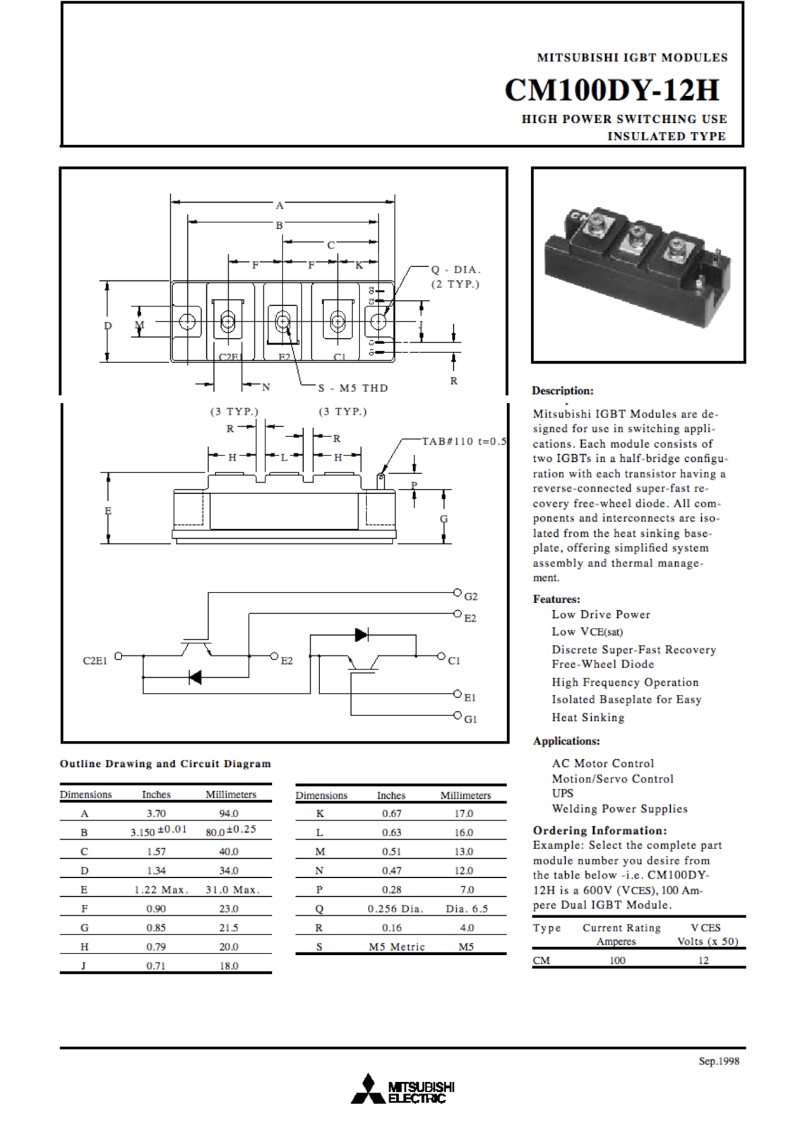MITSUBISHI CM100DY-12H Power Supply Module - MITSUBISHI