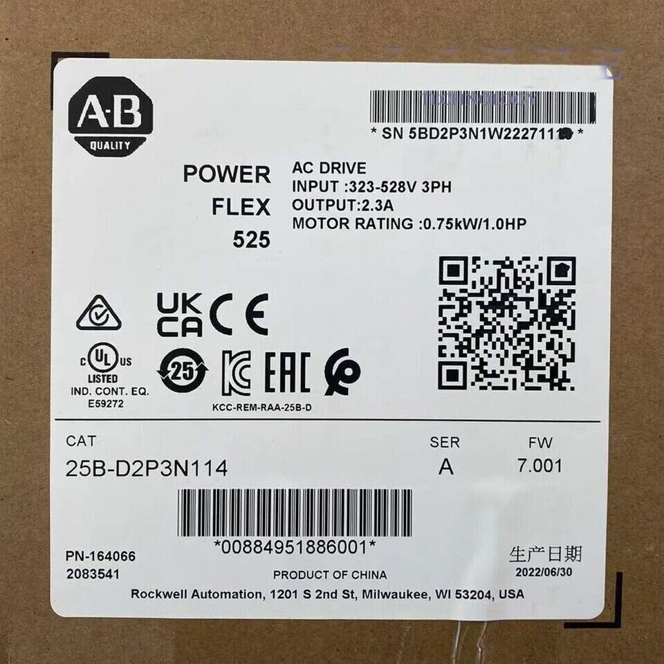 New Sealed Allen-Bradley 25B-D2P3N114 PowerFlex 525 0.75kW 1Hp AC Drive Allen-Bradley