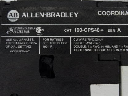 Allen Bradley 190 CPS40D Motor Starter Series A - ALLEN BRADLEY
