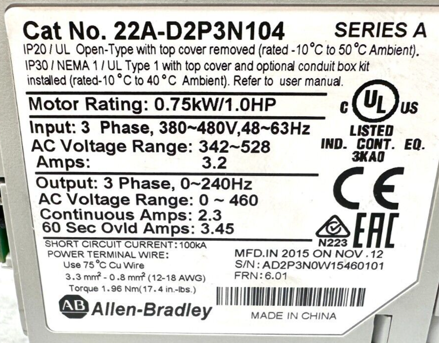 used Allen Bradley 22A-D2P3N104 PowerFlex 4 Variable Frequency Drive *No Cover* - ALLEN BRADLEY