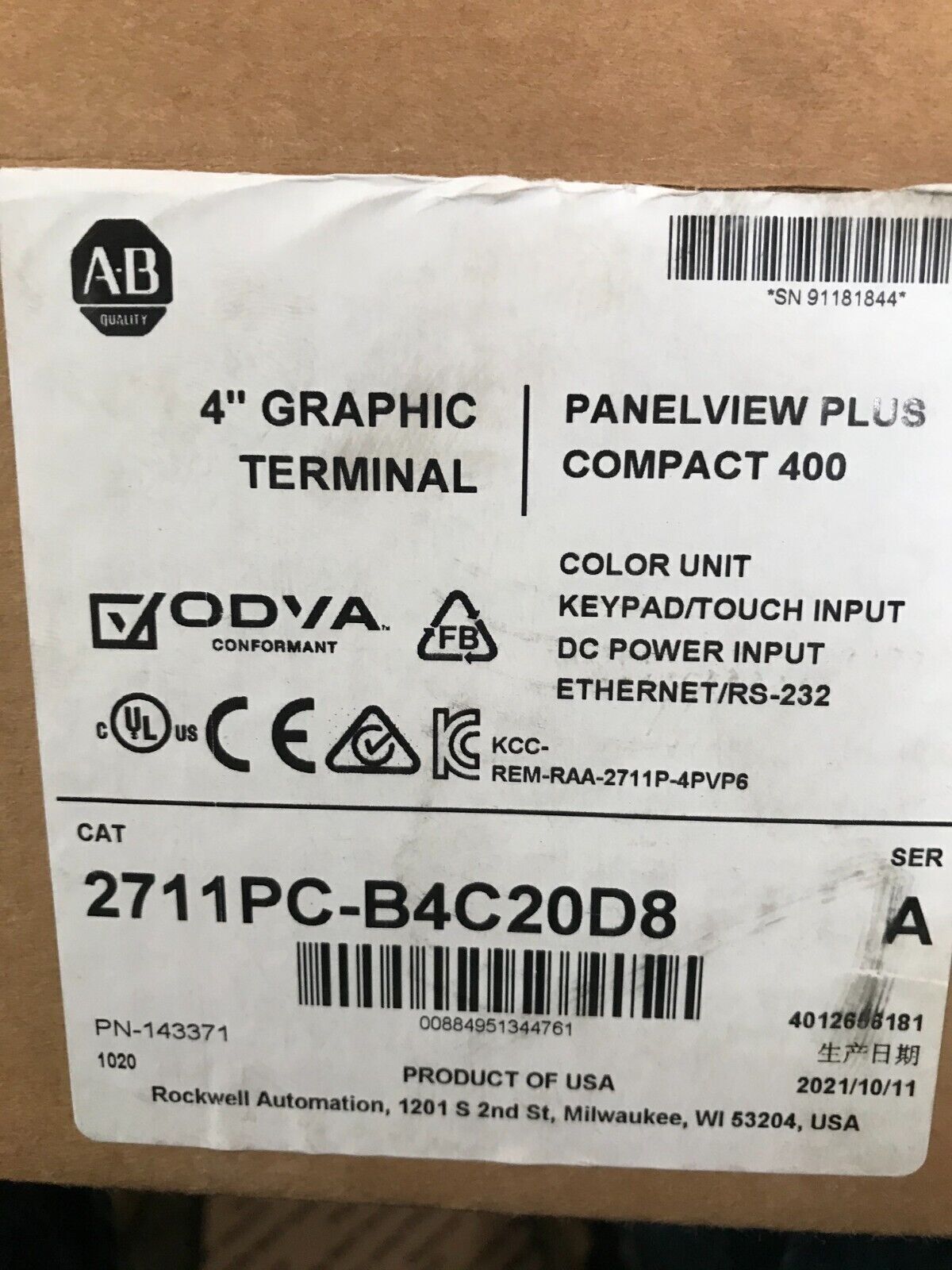 ALLEN BRADLEY 2711PC-B4C20D8 PANELVIEW PLUS 400 - ALLEN BRADLEY
