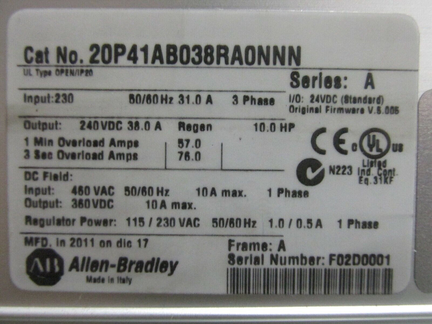 10.0HP DC Allen-Bradley PowerFlex 20P41AB038RA0NNN - ALLEN-BRADLEY