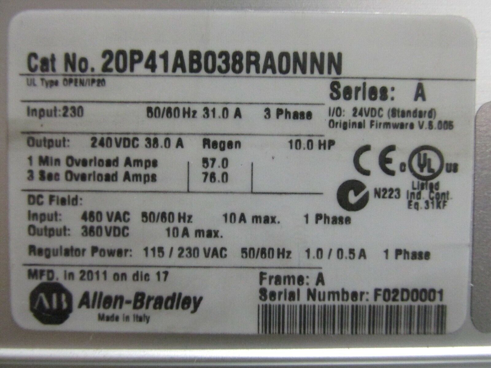 10.0HP DC Allen-Bradley PowerFlex 20P41AB038RA0NNN - ALLEN-BRADLEY