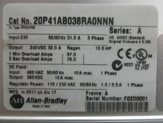 10.0HP DC Allen-Bradley PowerFlex 20P41AB038RA0NNN - ALLEN-BRADLEY