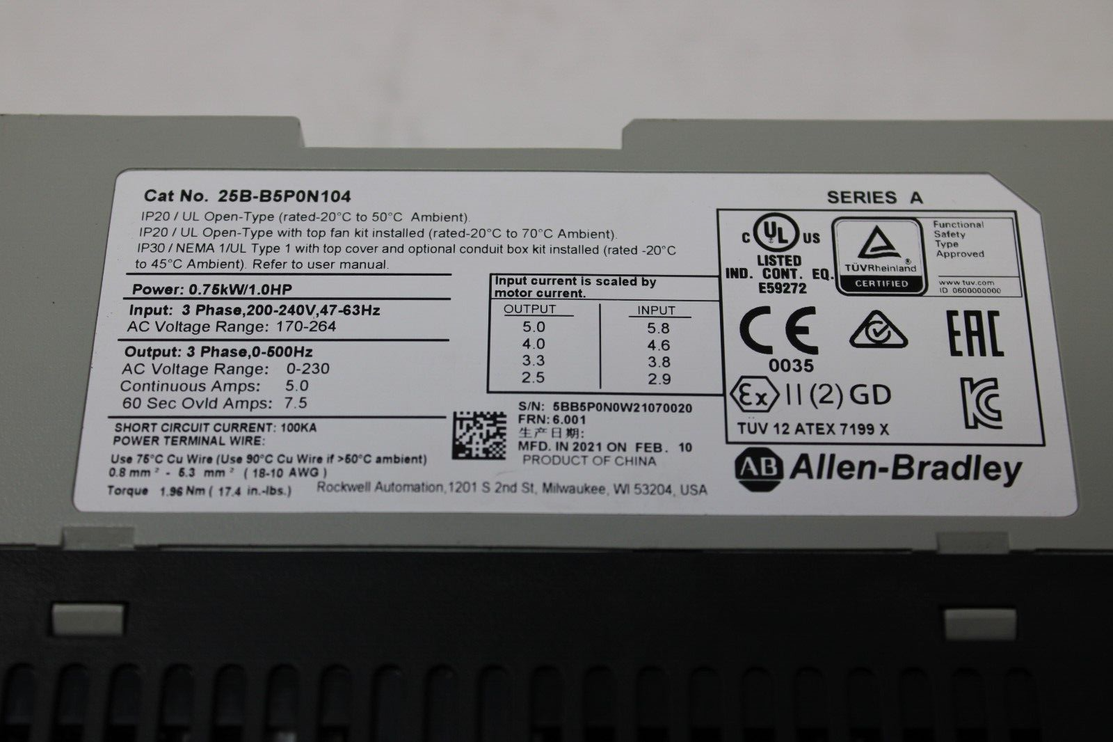 used Allen Bradley 25B-B5P0N104 PowerFlex 525 - ALLEN BRADLEY