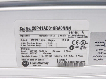 Allen Bradley 20P41AD019RA0NNN SER 460VAC 19.0A 5.005 NSMP - ALLEN BRADLEY