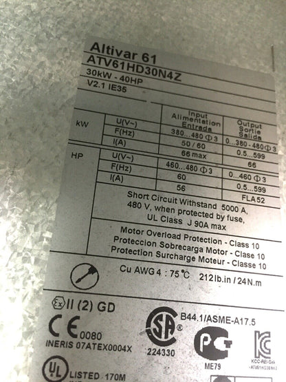 SCHNEIDER ATV61HD30N4Z 30KW 40HP AC DRIVE Inverter - SCHNEIDER
