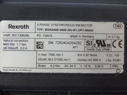 Rexroth MSK040B-0600-NN-M1-UP1-NNNN 3-Phase Synchronous PM Motor - REXROTH