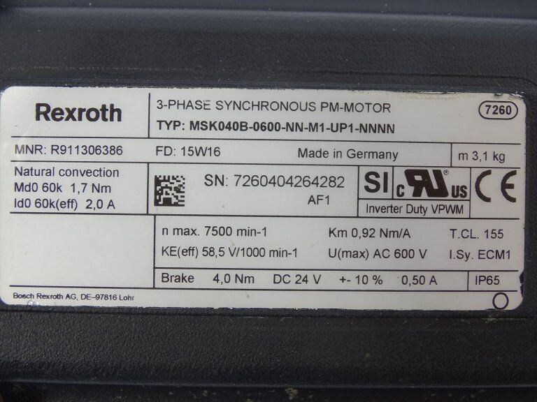 REXROTH MSK040B-0600-NN-M1-UP1-NNNN 3-PHASE SYNCHRONOUS PM-MOTOR (129221 - USED) REXROTH