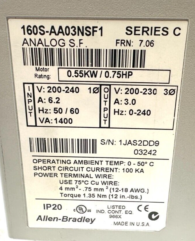 used Allen Bradley 160S-AA03NSF1 Variable Speed Drive - ALLEN BRADLEY