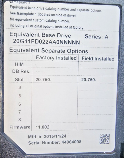 used Allen Bradley 20G11FD022AA0NNNNN Powerflex 755 15HP 3PH Frn: 11.002 Tested - ALLEN BRADLEY