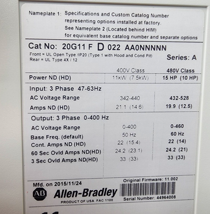 used Allen Bradley 20G11FD022AA0NNNNN Powerflex 755 15HP 3PH Frn: 11.002 Tested - ALLEN BRADLEY
