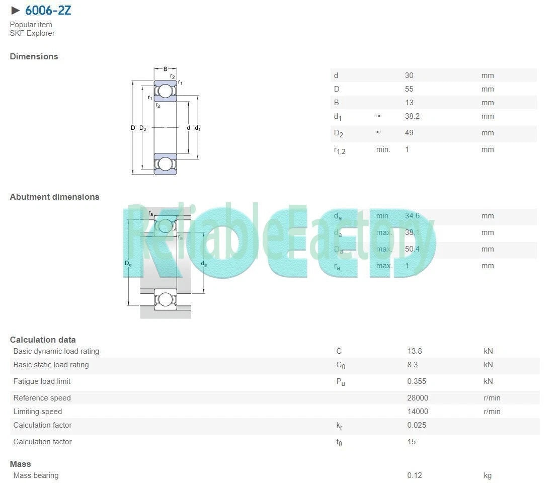 6006-2Z Deep Groove Ball Bearings 30x55x13 mm.