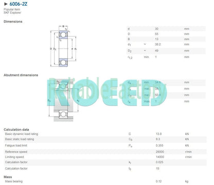6006-2Z Deep Groove Ball Bearings 30x55x13 mm.