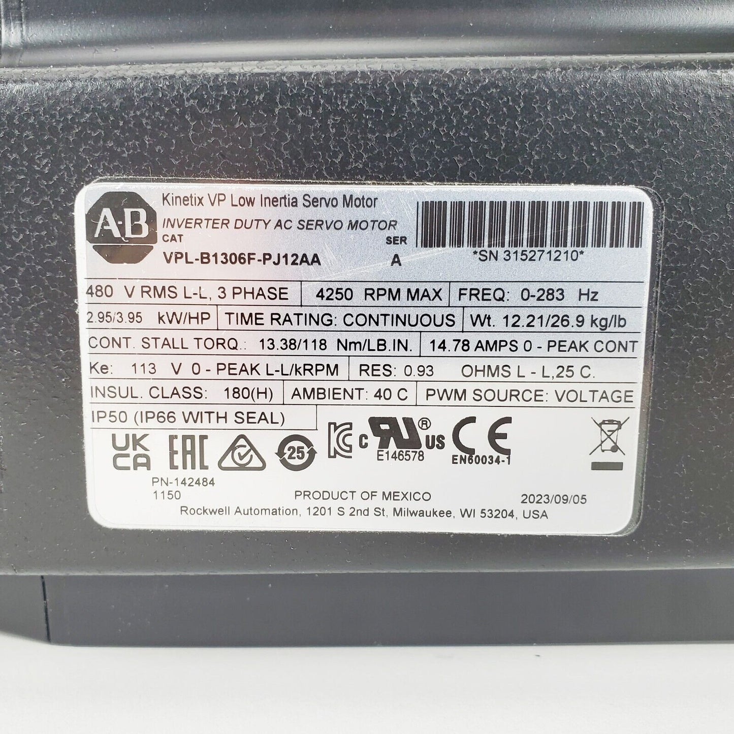 Allen Bradley VPL-B1306F-PJ12AA Low Inertia Servo Motor - ALLEN BRADLEY