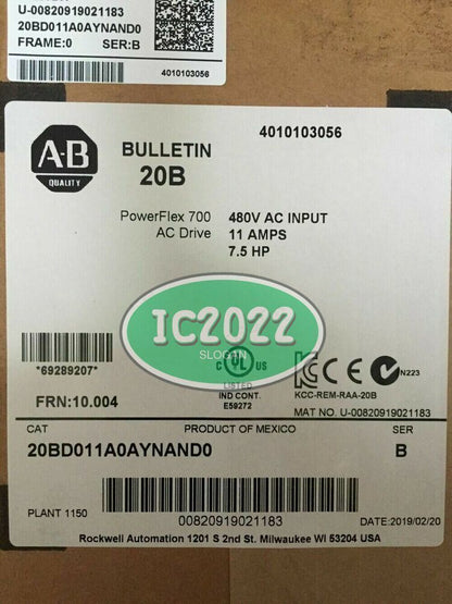 Allen Bradley PowerFlex 700 AC Drive 20BD011A0AYNANC0 - High-Efficiency AC Drive System - ALLEN BRADLEY