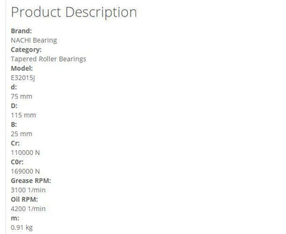 NACHI E32015J Tapered Roller Bearings 75x115x25mm - NACHI