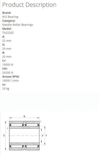 new IKO TA2220Z Needle Roller Bearings 29x22x20mm - IKO