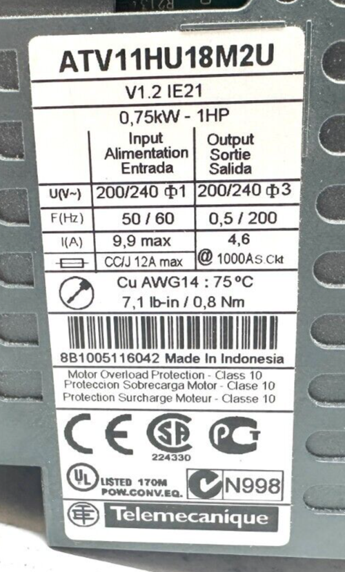 Used Telemecanique Altivar 11 Variable Speed Drive ATV11HU18M2U - TELEMECANIQUE
