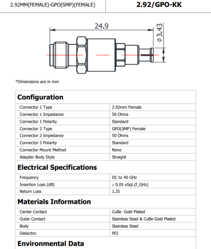 2.92/GPO-KK (SMP) Precision Adapter - DC to 40GHz - 1PCS - KOEED