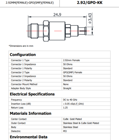 2.92/GPO-KK (SMP) Precision Adapter - DC to 40GHz - 1PCS - KOEED