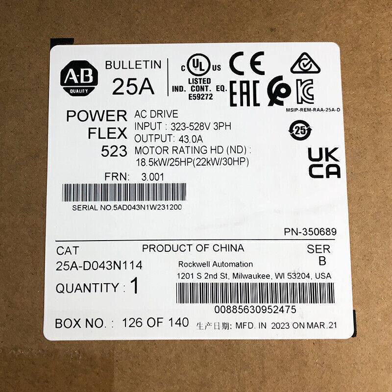 1 Piece New Sealed Allen-Bradley 25A-D043N114 PowerFlex 523 22kW (30Hp) AC Drive - ALLEN-BRADLEY