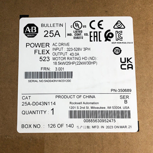1 Piece New Sealed Allen-Bradley 25A-D043N114 PowerFlex 523 22kW (30Hp) AC Drive - ALLEN-BRADLEY