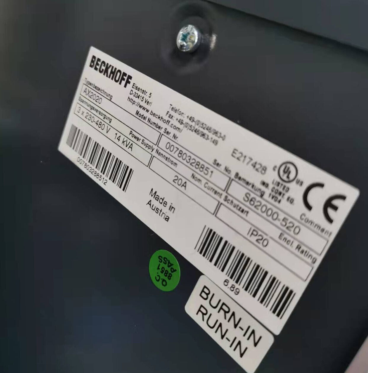 AX2020 BECKHOFF Servo Amplifier 3Phase 230-480V AC 14KVA 20A - BECKHOFF