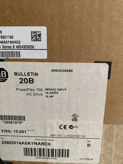 Allen-Bradley PowerFlex 700 VFD 20BD014A0AYNANC0, Factory Sealed, New, High Efficiency, 700VA, 60Hz, 20A, VFD Controller - ALLEN-BRADLEY