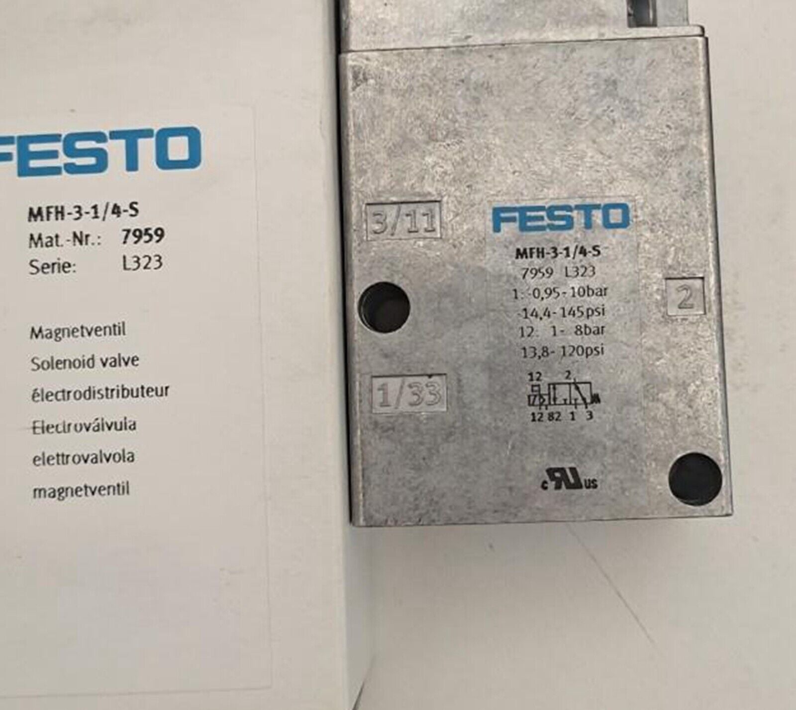 new  FESTO MFH-3-1/4-S 7959 PLC Solenoid Classic Valve 230VDC 240VAC