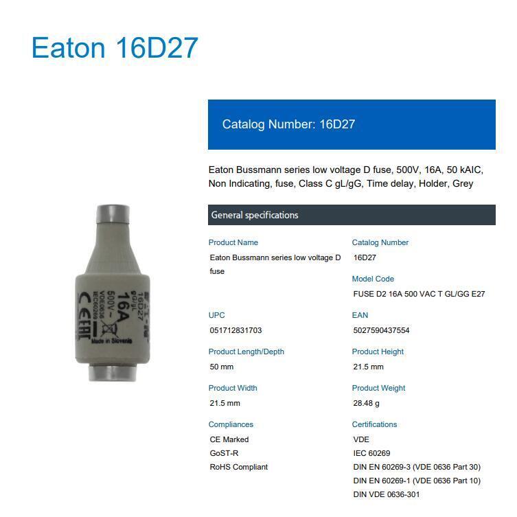 Bussmann 16D27 Low Voltage D Fuse 500V 16A Class C gL/gG Time Delay - BUSSMANN