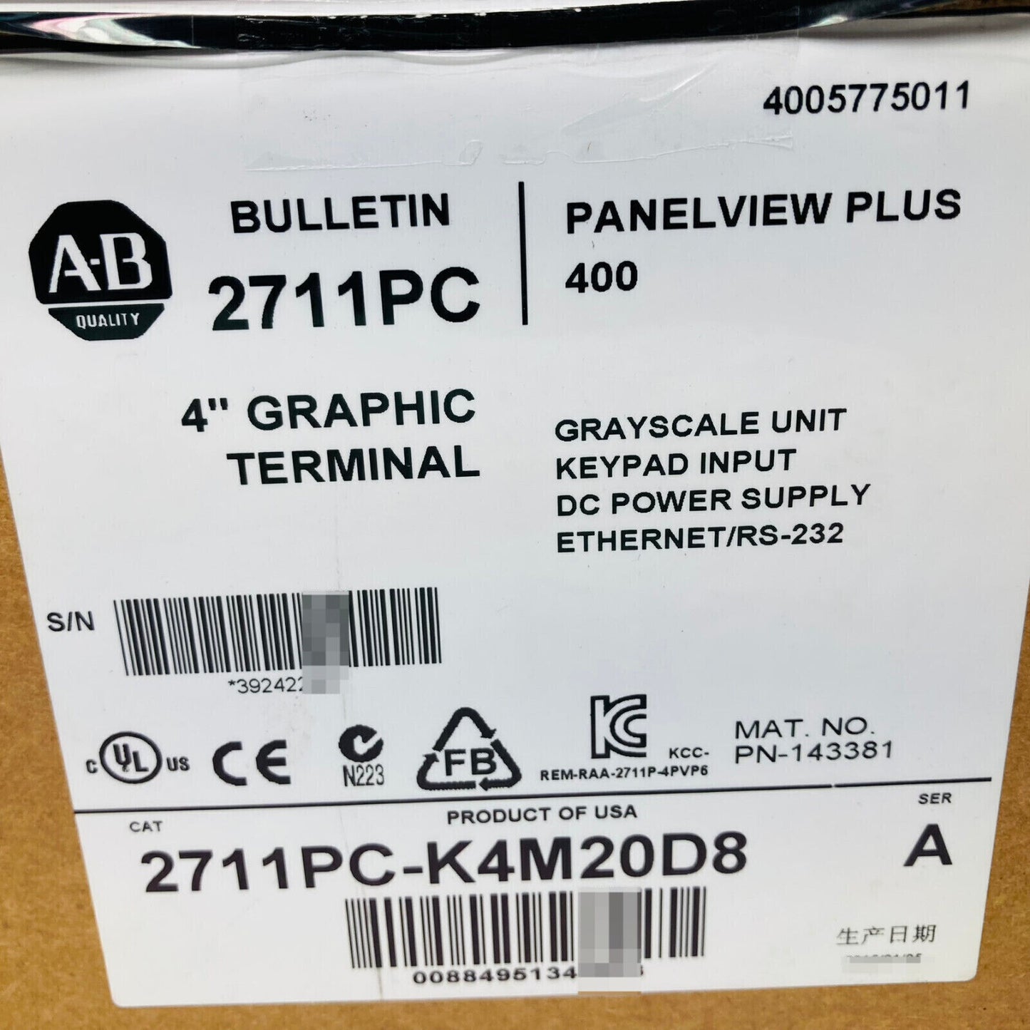 New 2711PC-K4M20D8 PanelView Plus 400 Grayscale 4" Graphic Terminal - LAPLUS