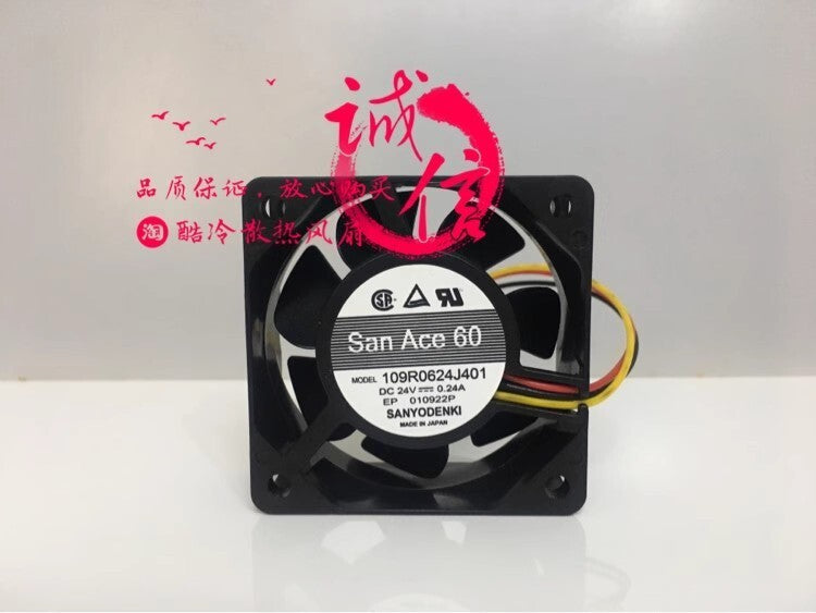Sanyo San Ace60 109R0624J401 6025 24V 0.24A 6CM 3-Wire High Airflow Cooling Fan