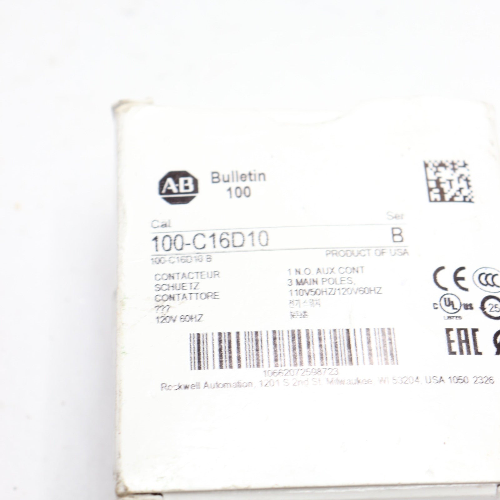 Allen-Bradley Contactor 50/60Hz 110/120V Coil 100-C16D10 SHIP - ALLEN-BRADLEY