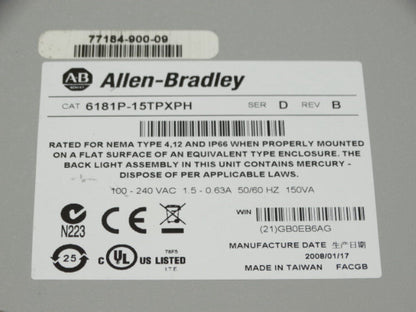 Allen Bradley Series D HMI 6181P-15TPXPH | Professional Display Terminal Unit | High-Definition Monitoring System - ALLEN BRADLEY