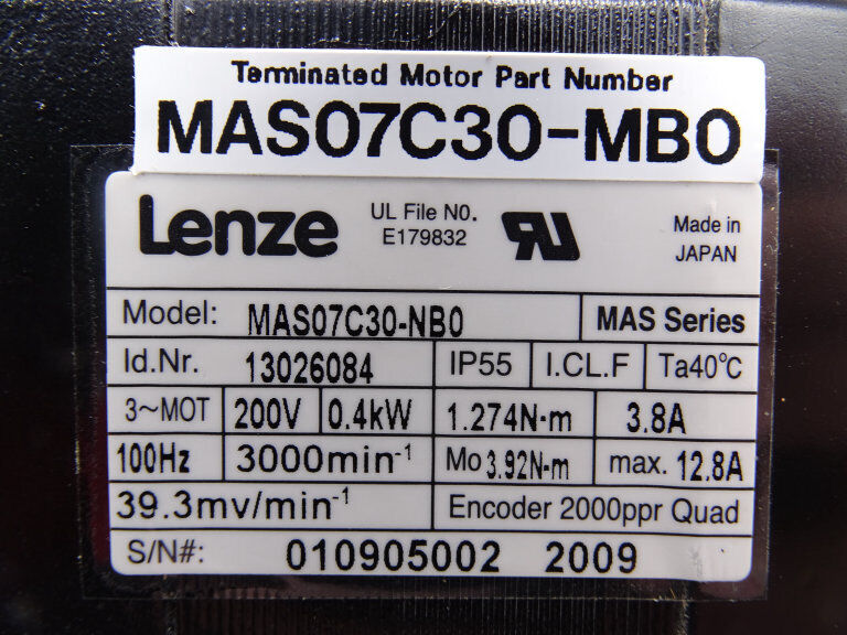 LENZE MAS07C30M SERVO MOTOR - LENZE