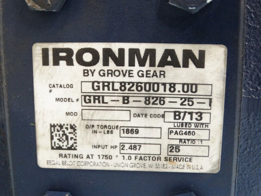 IRONMAN GEAR REDUCER GRL-B826-25-L USED GROVE GEAR GRL8260018 - GROVE GEAR