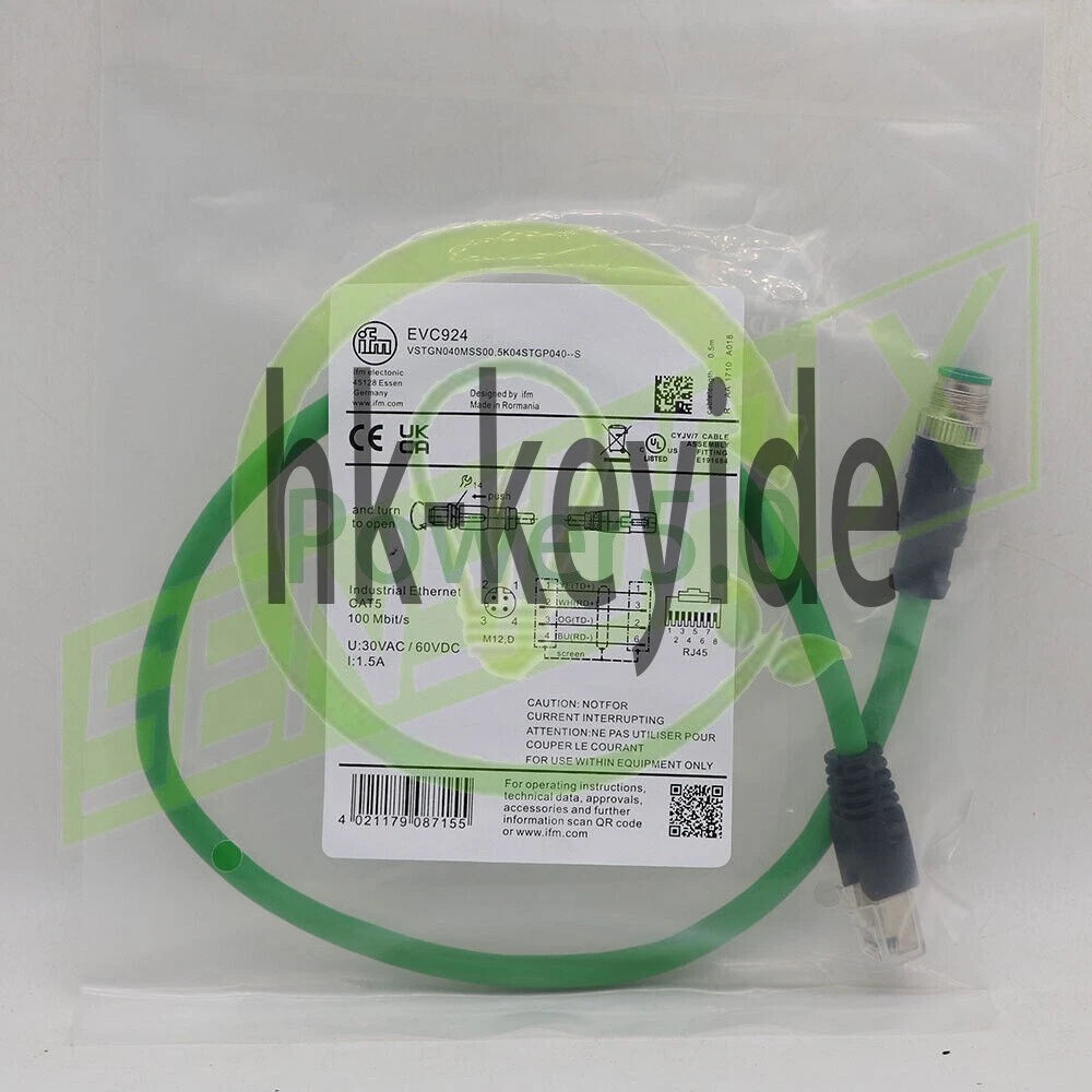 IFM EFECTOR EVC924 Ethernet connection cable CAT5 M12 RJ45 0.5 Meter~