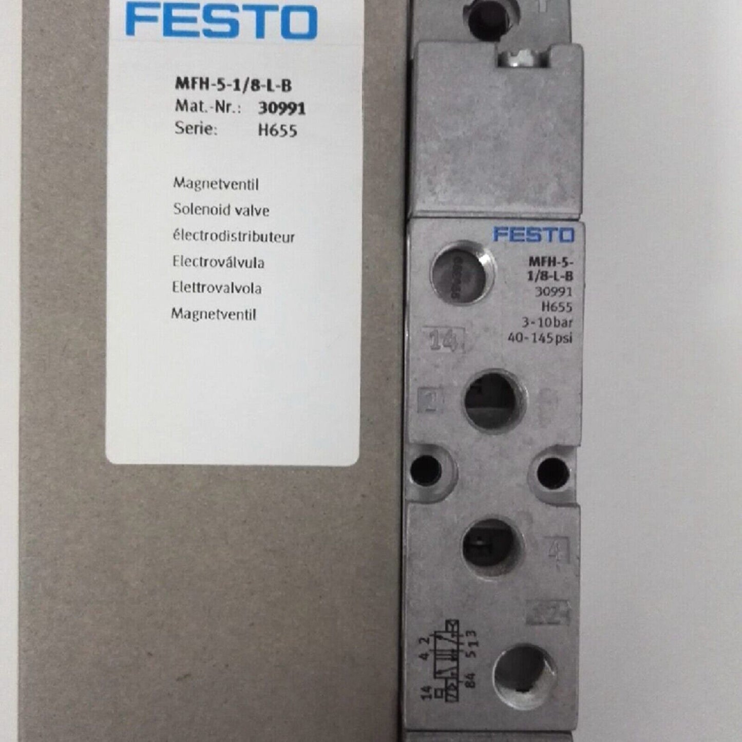 New FESTO MFH-5-1/8-L-B 30991 Solenoid Valve, industrial valve, pressure range 0.6-1.5 bar, FESTO MFH-5-1/8-L-B 30991 - FESTO