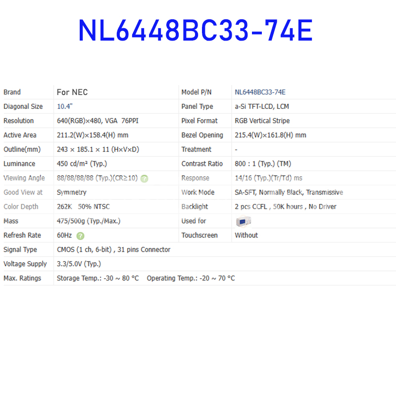 1PCS NL6448BC33-74E 10.4" LCD Display Screen Panel
