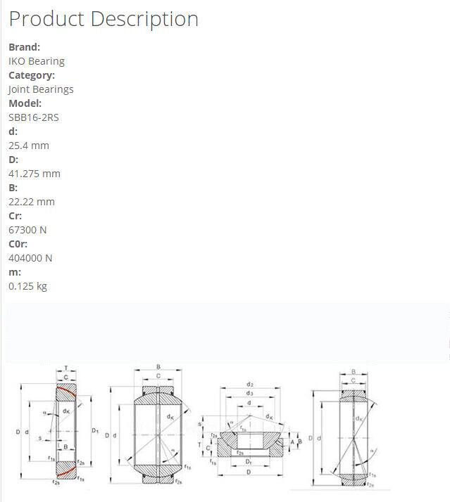 new IKO SBB16-2RS Steel-on-steel Spherical Bushings 25.4x41.275x22.22mm. - IKO