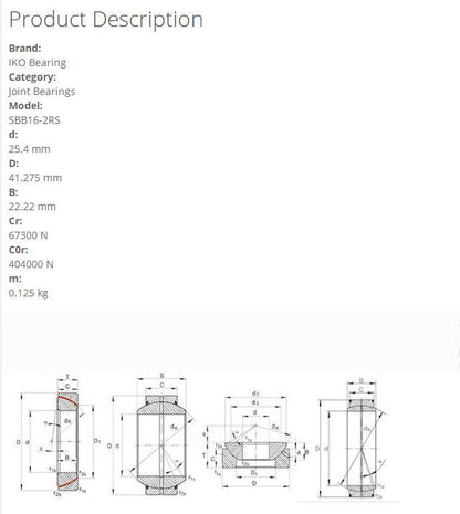 new IKO SBB16-2RS Steel-on-steel Spherical Bushings 25.4x41.275x22.22mm. - IKO